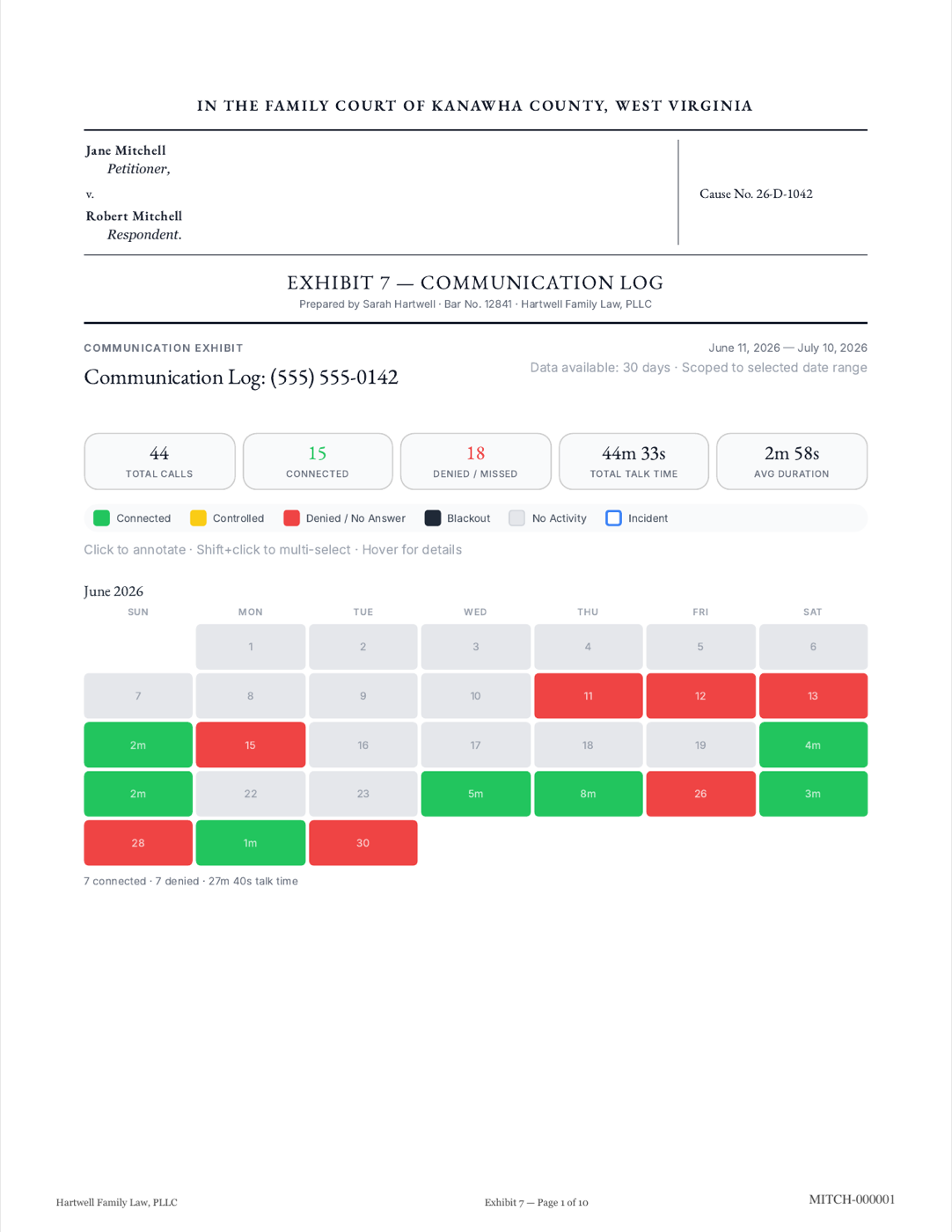 Page one of a sample attorney exhibit: court caption with party names and cause number, exhibit number, color-coded call calendar, firm name and Bates number in the footer